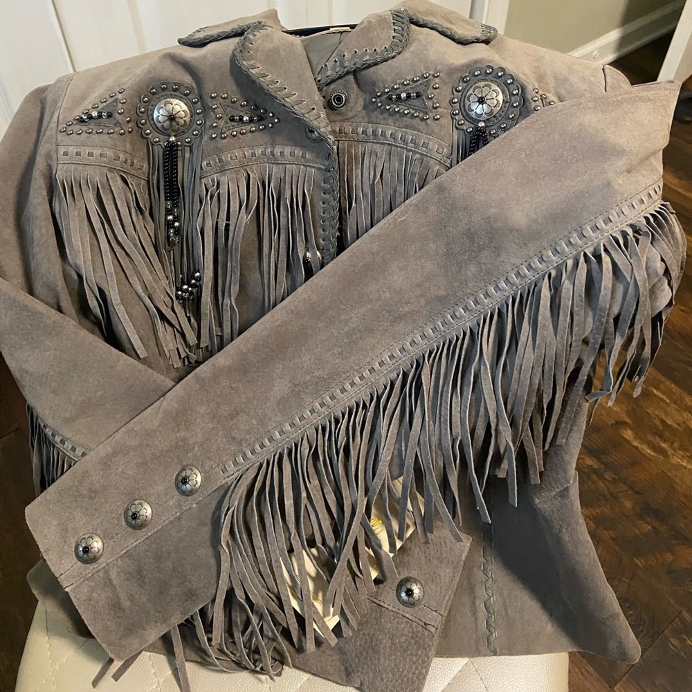 Scully Studded Fringe Leather Jacket - Gray